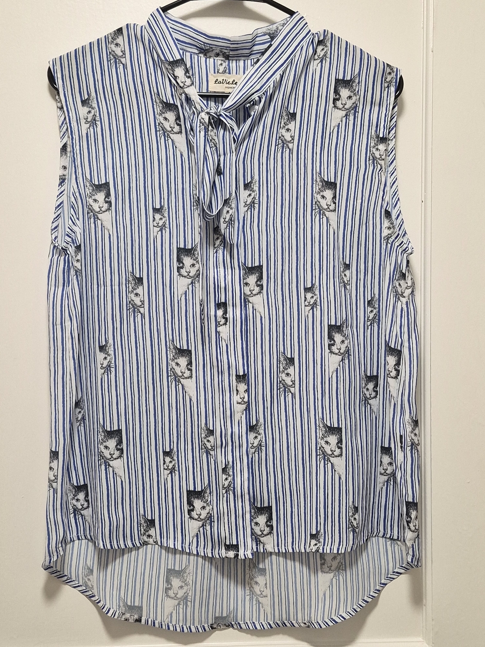 Blue & White Stripe Sleeveless Tie-Neck Shirt